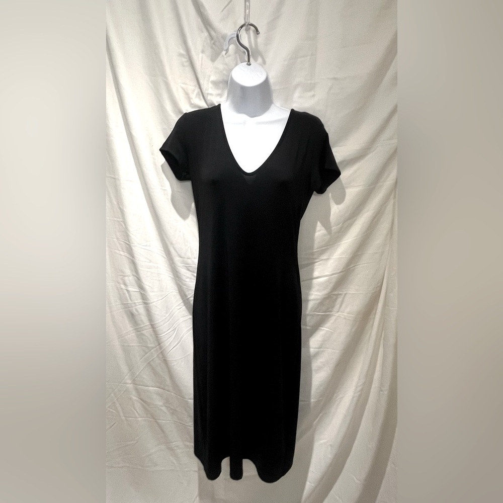 Emma Black Midi Dress Jersey Stretch Vneck Pull on basic sheath cap short sleeve